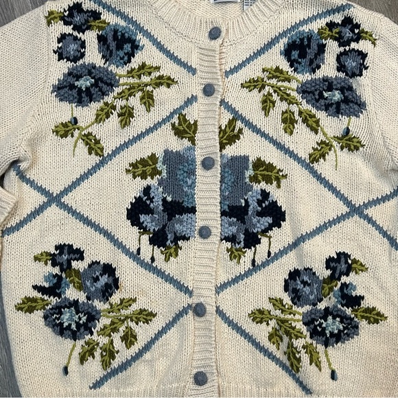 Cardigan Size S Ivory Blue Floral Knit Embroidered Granny Grandma Cottage Core - Picture 2 of 5